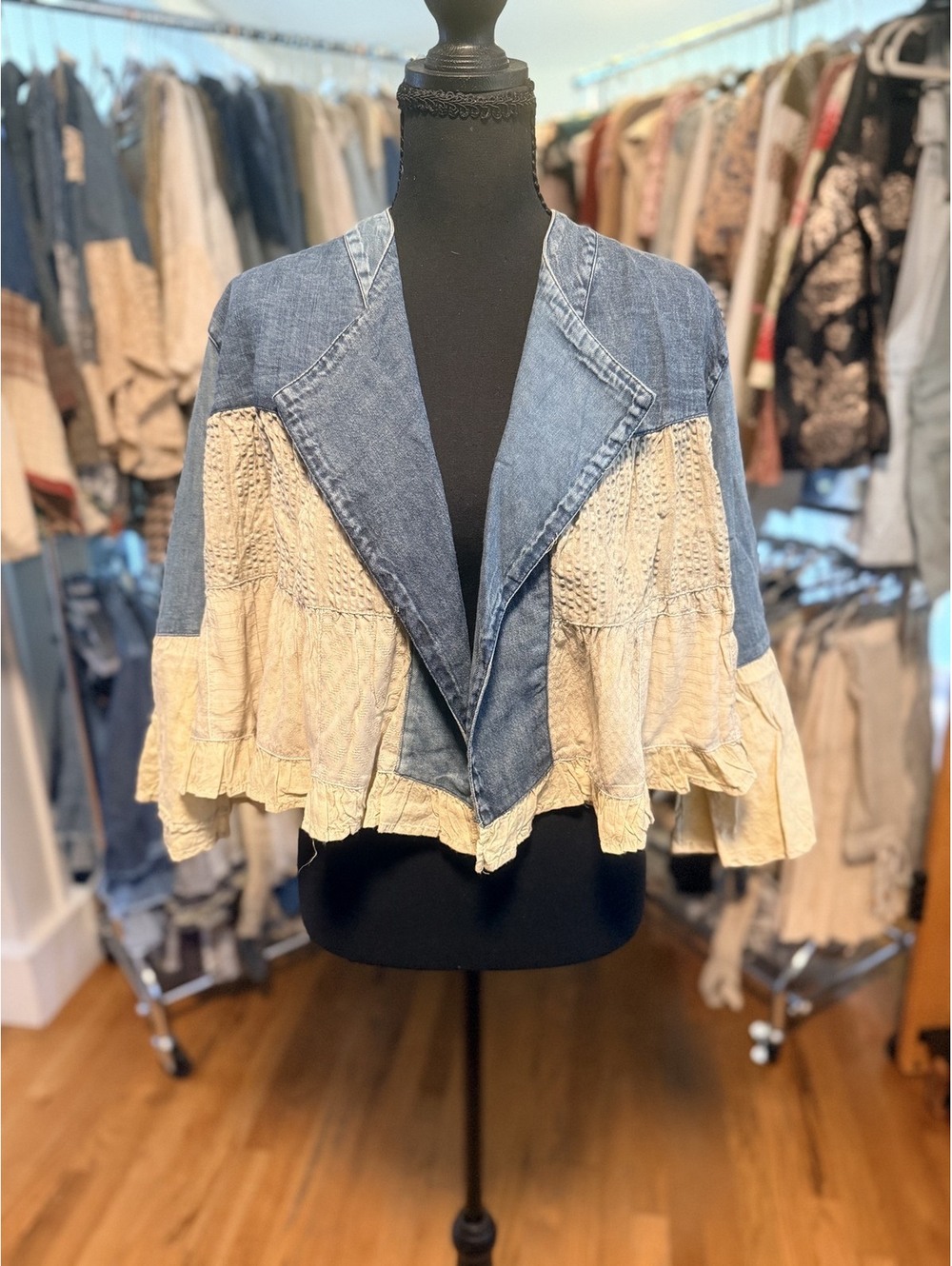 YOUNG THREADS Desert Dream Denim Lapel Peplum Cardigan Latte NWT S